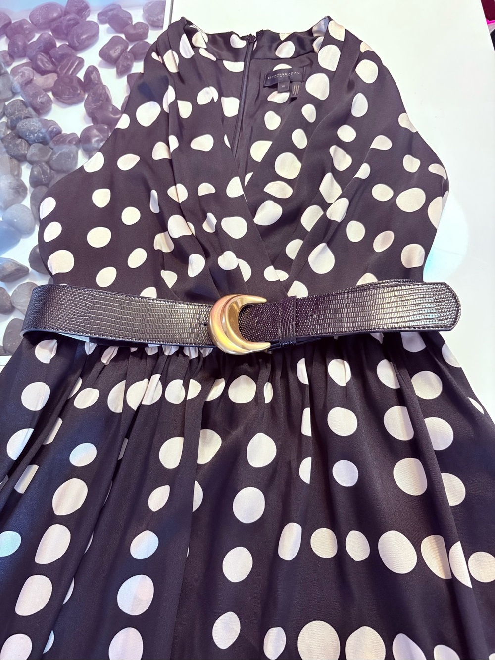 Donna Karan Black and Cream Polka Dot Halter Midi Dress - Picture 2 of 13